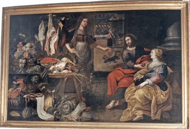 Anonimo — van Kessel Jan II; Wolfaerts Artus - sec. XVII - Interno di cucina e Cristo in casa di santa Marta e santa Maria Maddalena — insieme